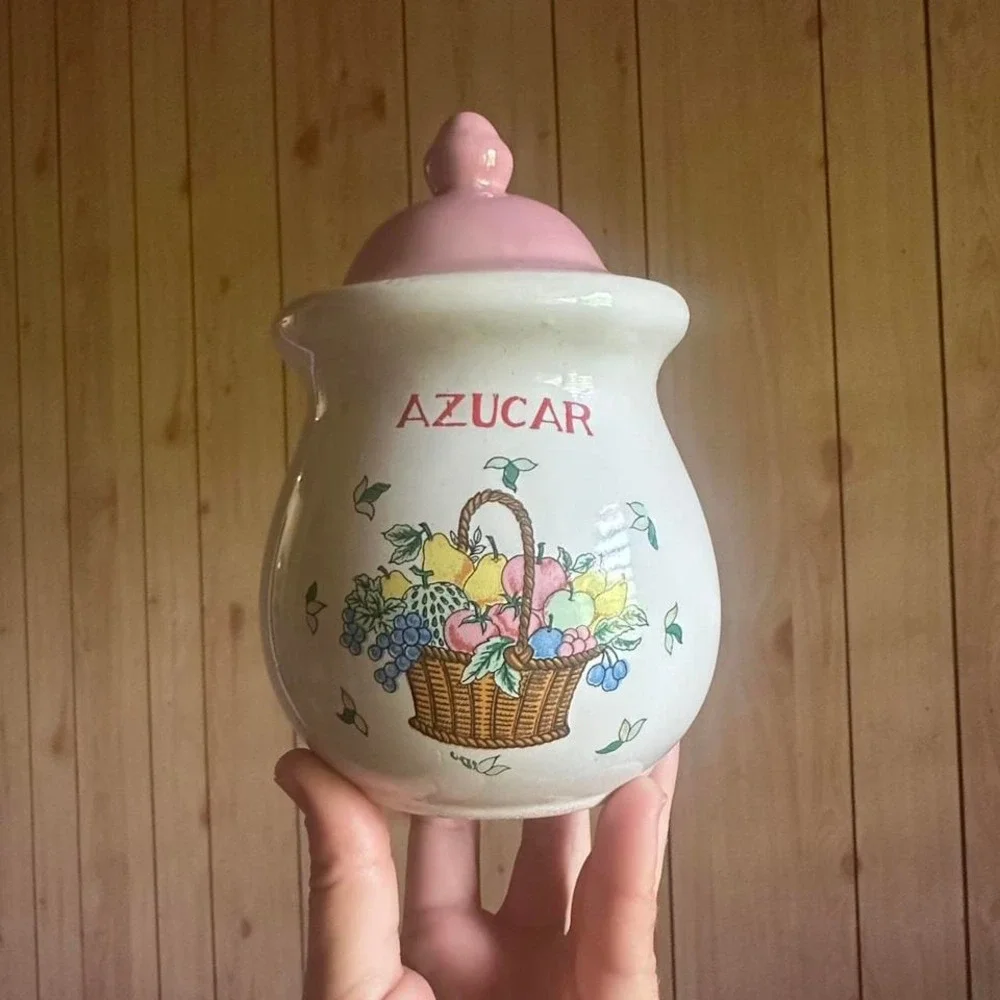 Vintage Cafe Azucar Jars Set of 2 Pastel Pink Lids Canisters Sugar Coffee Retro